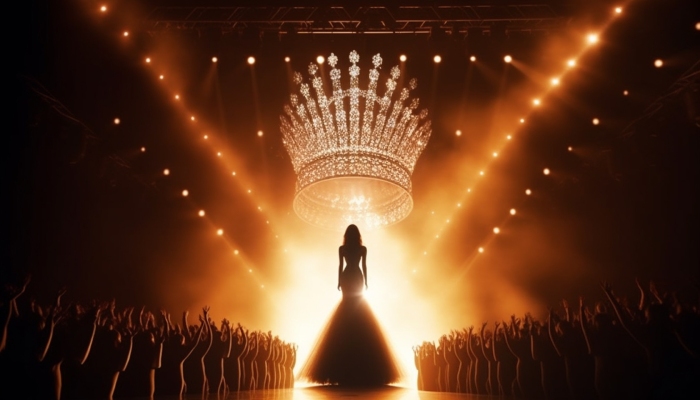 Beauty pageant contestant on stage with glowing crown lights and cheering crowd