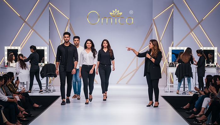 Contestants walking the runway at Omica Pageant competition, developing soft skills like confidence, communication, and emotional intelligence