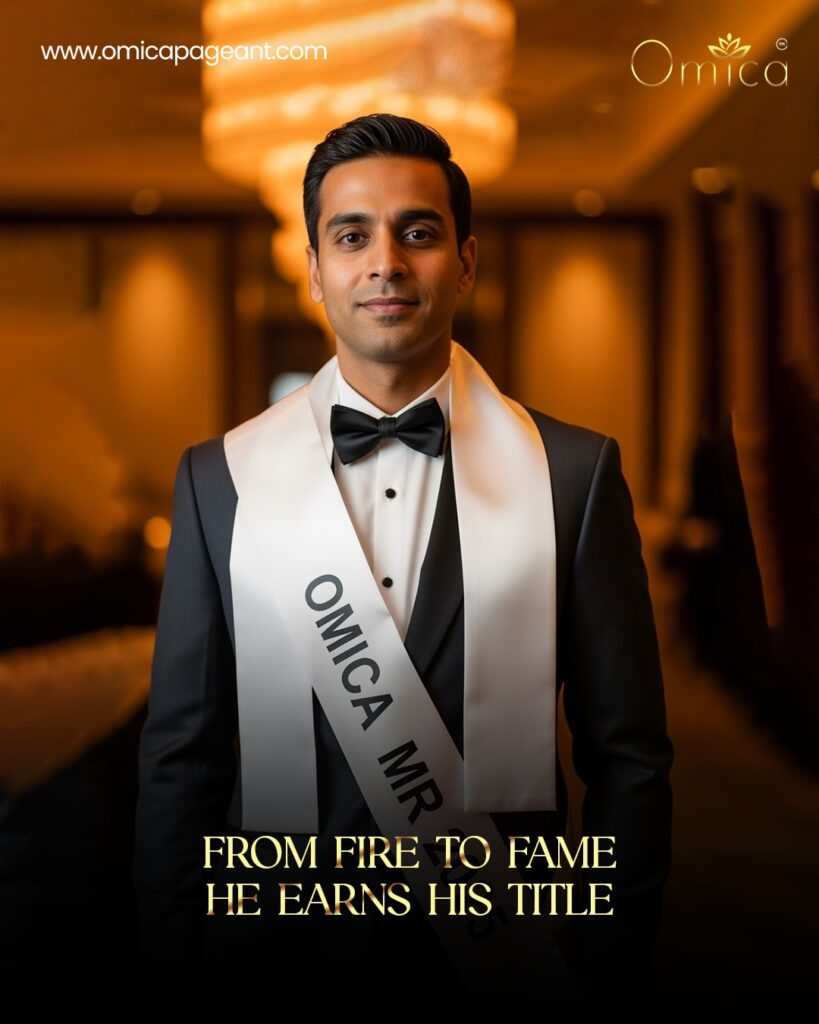 Mr. India 2025 at Omica Pageant wearing sash and tuxedo