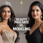 Two beautiful Indian women representing beauty pageants vs modeling, standing side by side with confident smiles, wearing elegant outfits and statement earrings.