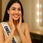Indian beauty pageant contestant smiling in mirror applying skincare
