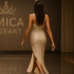 Woman practicing runway walk at Omica Pageant training room