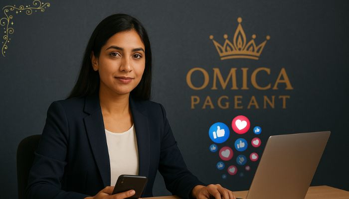 Indian pageant aspirant planning social media strategy with Omica Pageant branding and icons.