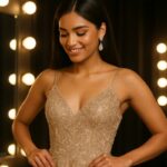 Indian beauty pageant contestant in a gown backstage under lights checking wardrobe — representing pageant wardrobe mistakes and preparation