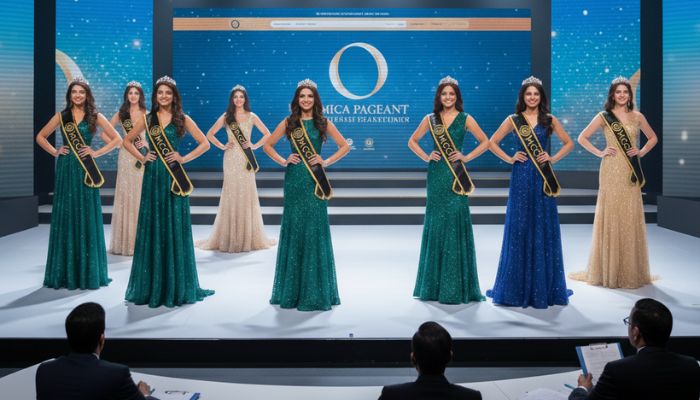 A group of Omica Pageant contestants in elegant gowns and crowns standing on stage, representing the rules of a beauty pageant.