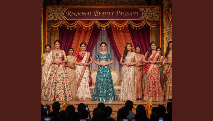 Contestants from various regions of India, highlighting India’s rich fashion diversity and cultural heritage by showcasing diverse traditional attire like Phulkari, Mekhela Chador, and mirror-work outfits on stage.